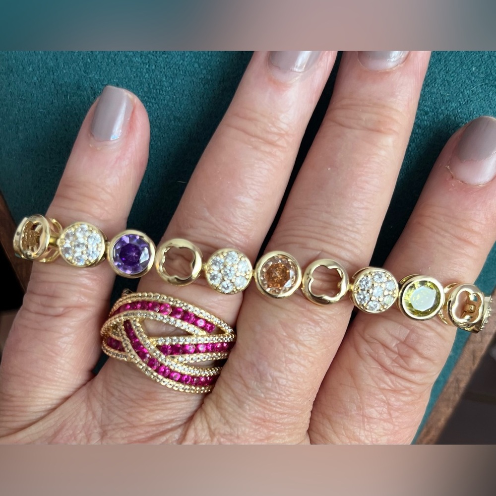 Elegant Gold, Multi-Gemstone, and CZ Bracelet; 7-8” Adjustable